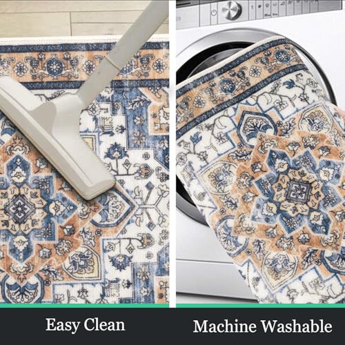 Boho Kitchen Rugs Set of 3 with Runner - Blue/Orange, Non Slip Washable Floor Mats