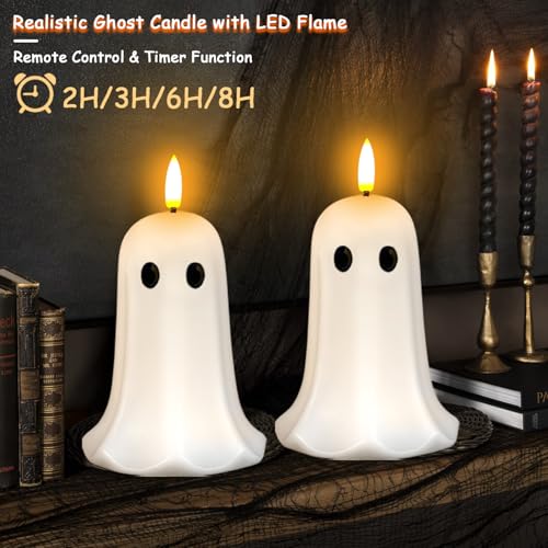 Halloween Ghost Candle Lights 2pcs with Remote - Flameless LED Ghosts with Timer, Indoor Outdoor Spooky Decorations