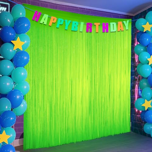 Fluorescent Macaron Green Foil Fringe Curtains - 2 Pack Neon Party Decorations