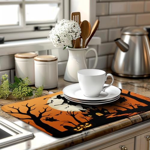 Halloween Witch & Castle Dish Drying Mat 18x24 Inch - Fall Kitchen Decor, Absorbent Microfiber Counter Protector