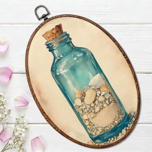 Bottle Shell Ocean Coastal Wall Art - Rustic Oval Canvas Decor, 8.3x12in - Variation of THIS listing