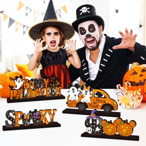 Halloween Wooden Table Centerpieces Set - 4pcs Pumpkin & Ghost Decor