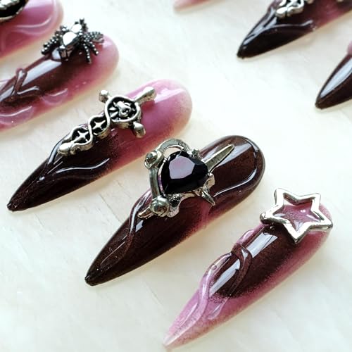 Pink Black Bunny Gothic Press-On Nails - Ombre Stiletto with 3D Halloween Charms - Small, LS