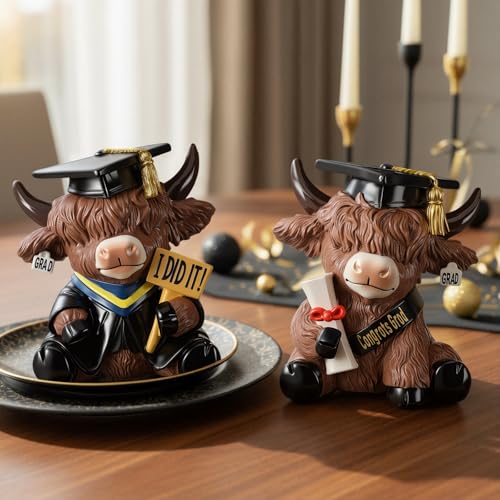 Graduation Highland Cow Figurines Set - Fall Tabletop Decor for Celebrations - Grad Variation