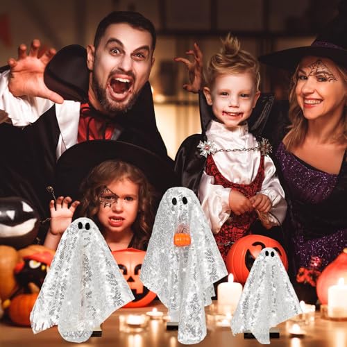 Halloween Ghost Table Decor Set - Silver Disco Wooden Ghosts with Pumpkin - 3 Pieces