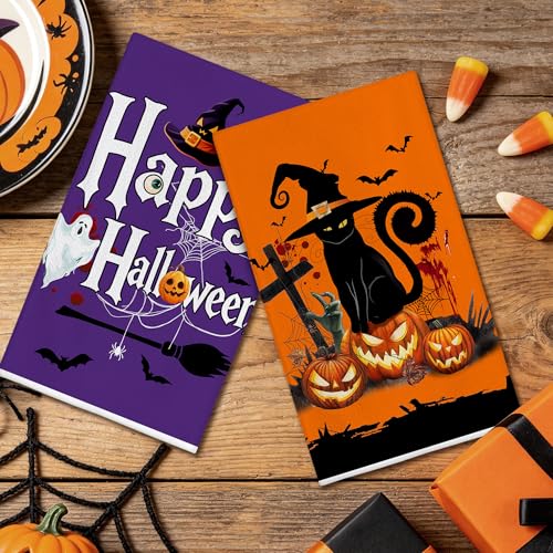 Halloween Kitchen Towels Set of 2 - Cat Pumpkin Halloween Decor - Hexagram