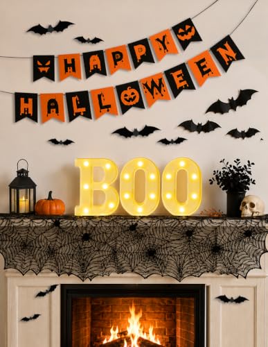 Halloween Decorations Set with Bats, Banner, Tablecloth and Light-Up BOO Sign