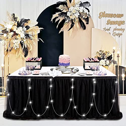 Black Rectangle Tulle Table Skirt with LED Lights - 9ft Baby Shower & Party Decor