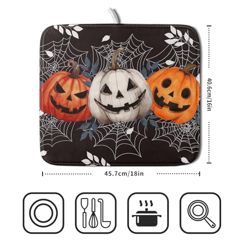 Halloween Spooky Pumpkin Dish Drying Mat - 16x18 Inch Reversible Microfiber Kitchen Countertop Protector