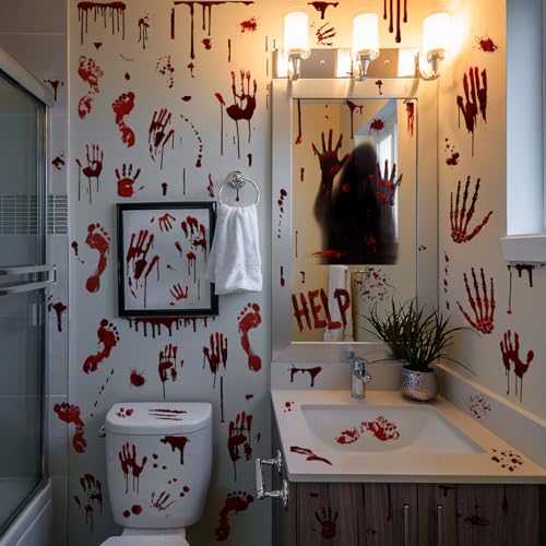 Halloween Bloody Handprint Footprint Window Stickers - Haunted House Decor Set