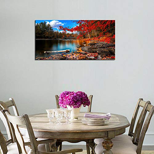 Canvas Wall Art Lake Mountain Red Maple Leaf 56x28 Inch Home Decor