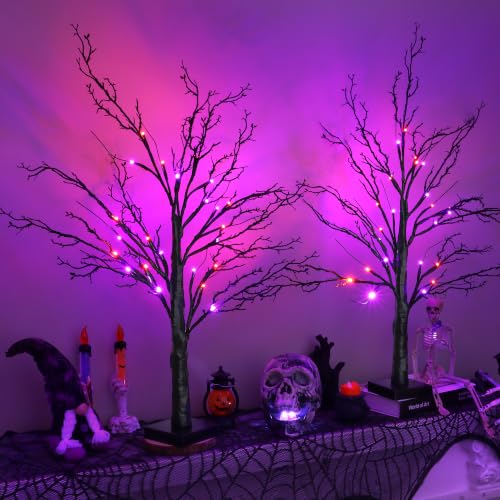 Halloween Spooky Black Tabletop Tree Set - 24 Inch LED Indoor Decor with Timer & USB/Battery - Style 2