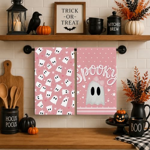 Halloween Pink Ghost Kitchen Towels Set of 2 - Absorbent Dish & Hand Towels