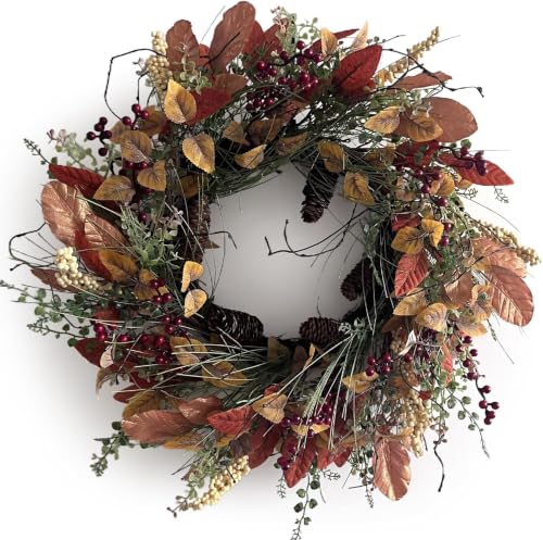 Fall Wreath for Front Door 24 Inch Artificial Red Broad Leaves Burgundy Berry