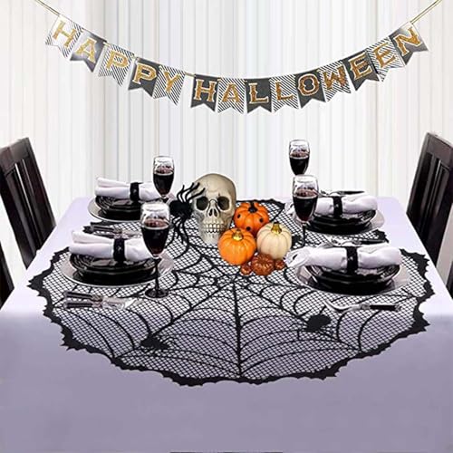 Halloween Lace Tablecloth with Spider Web Design, 40 Inch Spooky Party Decor