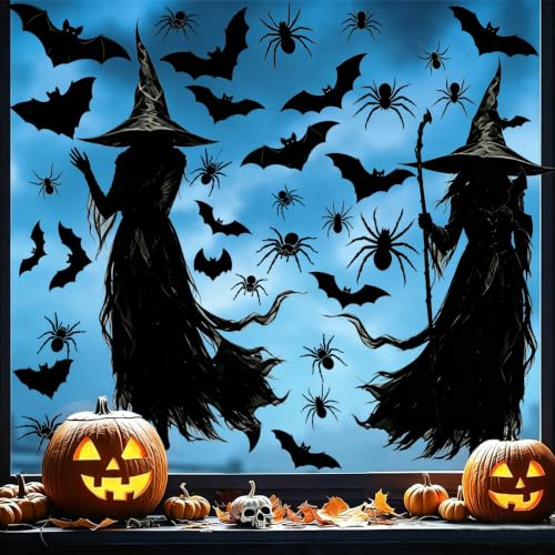 3 Extra Large Halloween Static Window Clings - Black Witch Spider Bat Silhouette Set