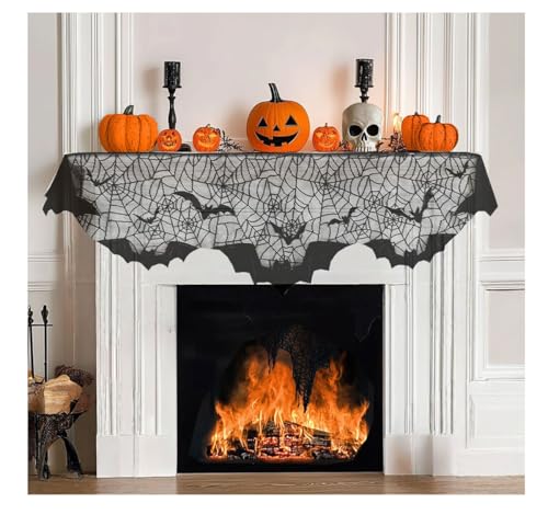 Halloween Fireplace Decor Mantle Scarf Cover Garland - Black Lace Spider Web Bat Style