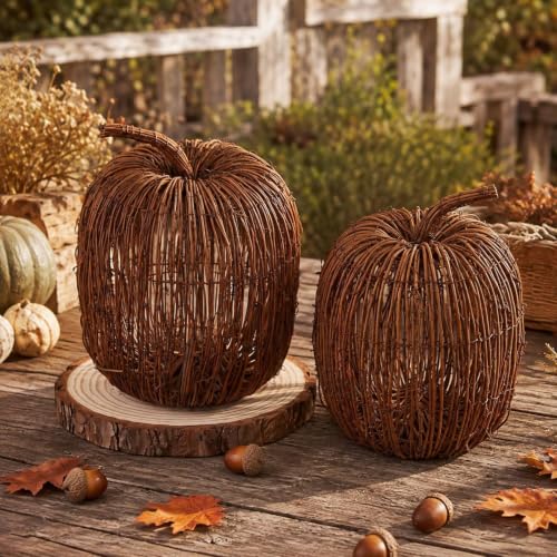 Artificial Wicker Pumpkin Decor Set - 12 x 10 Inches Farmhouse Fall Decoration - 2 Pieces