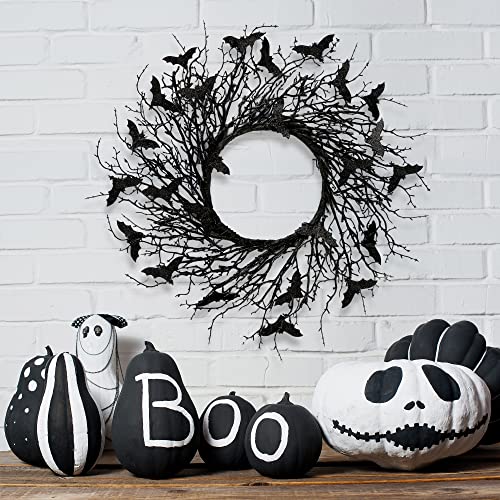Halloween Black Twig Wreath with Glitter Bats - Handmade Front Door Decor - Black Variation