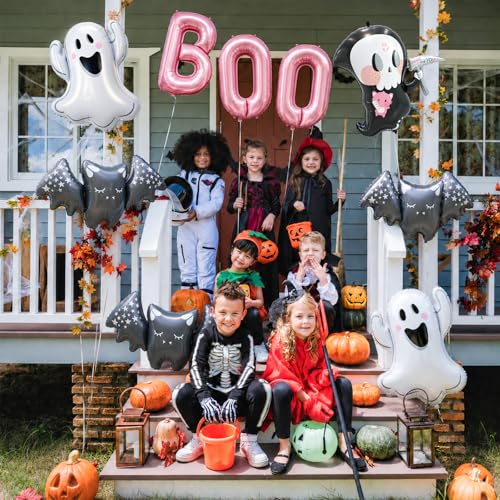 Pink Boo Halloween Balloons Set - Foil Ghost Bat Decor for Party & Yard