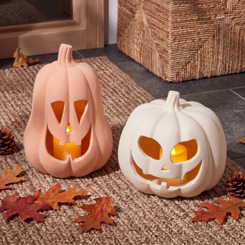 Stylish Halloween Decor Terracotta Jack O Lantern Pumpkins Set - Ghost Carved, 2 Sizes