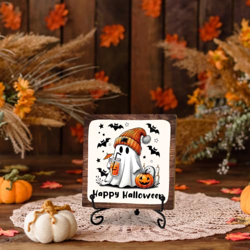 Cute Ghost Halloween Wooden Plaque with Metal Support - Home & Office Decor