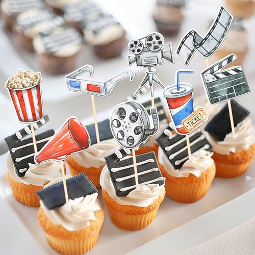 Movie Night Double Sided Cupcake Toppers - Design 5, Hollywood Party Decorations, 40 pcs