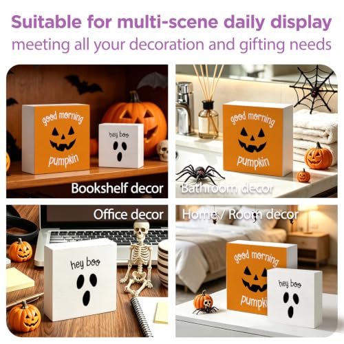 Halloween Ghost & Pumpkin Wood Sign Set - Indoor Holiday Decor, 2 Pieces