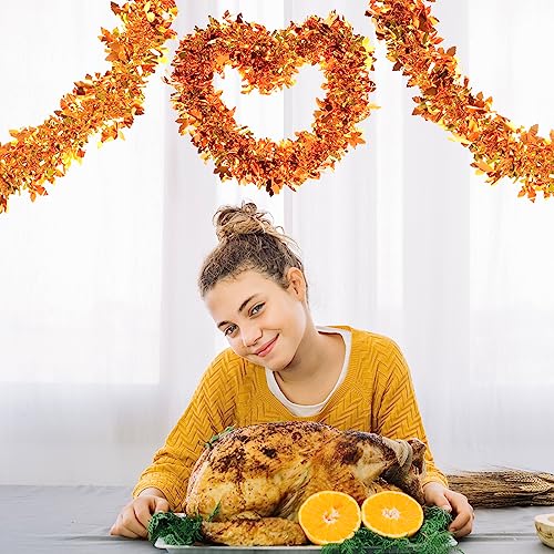 33Ft Fall Tinsel Garland with Maple Leaves, Metallic Twist for Thanksgiving Halloween Decor