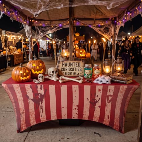 Creepy Carnival Halloween Tablecloth - Stretch Circus Spooky Decor, 6ft