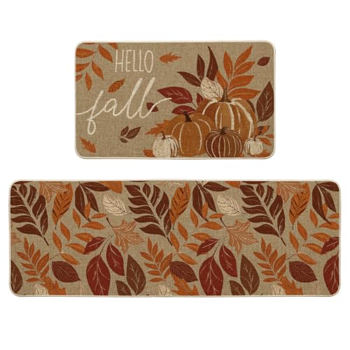 Vintage Pumpkin Fall Kitchen Mats Set of 2 - 17x29 & 17x47 Orange
