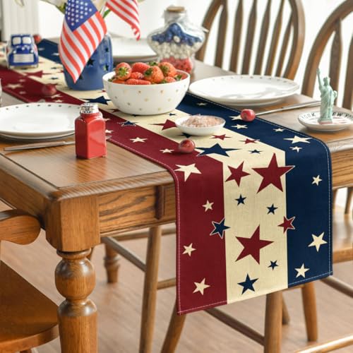 Stars & Stripes 4th of July Patriotic Table Runner 13 x 108 Inches - Red, Beige, Blue