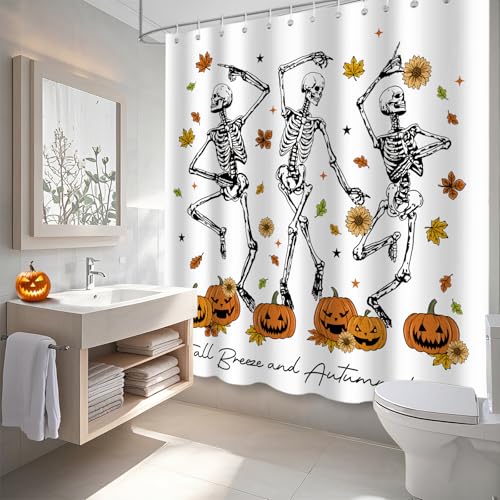 Halloween Shower Curtain Spooky Skeletons Pumpkin Waterproof Fabric 72x72 in