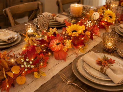 Fall Orange Lighted Garland with Leaves Pumpkins Sunflowers for Mantel - 6 FT