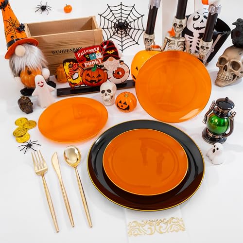 Black and Orange Disposable Plastic Plates Set - 210 Pieces, Halloween Party Dinnerware
