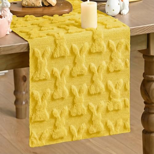 Yellow Plush Faux Fur Bunny Rabbit Easter Table Runner 13x72 Inch - Seasonal Kitchen Decor