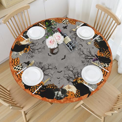 Grey Halloween Fitted Tablecloth with Black Cats Pumpkins & Bats - Waterproof 40-44 Inch Round