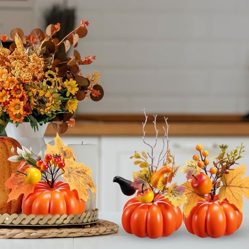 Set of 9 Fall Pumpkin Centerpieces with Berries and Maple Leaves for Thanksgiving and Halloween Decor
