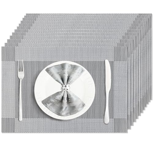 Gray Vinyl Placemats Set of 12 - Silver Heat Resistant Table Mats - Uolr Variation