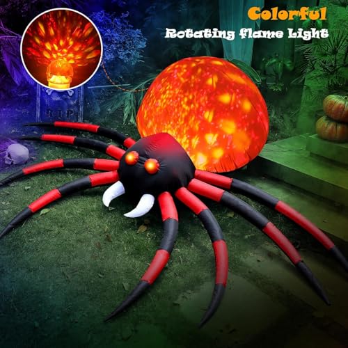 10FT Inflatable Spider Halloween Yard Decor with Rotating LED Flame and Stabilizing Accessories - Outdoor Garden Lawn Ghost Prop