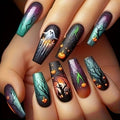 Halloween Press On Nails Medium Coffin Ghost Pumpkin Designs 24 Pcs with Glue & Tools - Variation 257-14 Designs-25