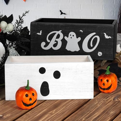 Halloween Candy Bowl Set with Boo Ghost Rustic Wooden Serving Dishes - Black & White, 2 Pieces