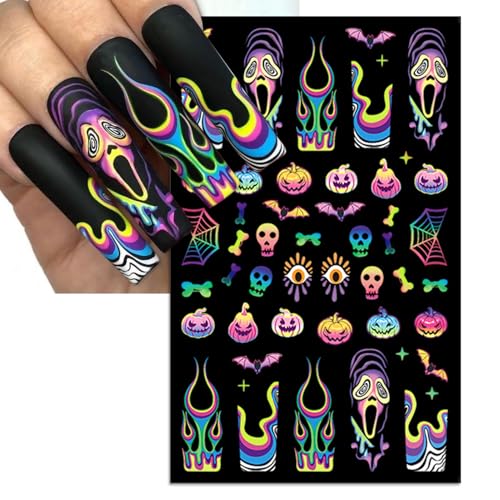Halloween Nail Art Stickers Mix - Gradient Pumpkin Horror Mask Spider Web Design, 3D Self-Adhesive Decals, 5 Sheets