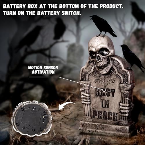 Halloween Animatronic Tombstone with Skull & Green LED Lights, Sound & Motion Activated - Green Variation