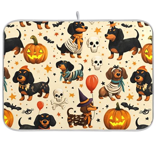 Halloween Dachshund Puppy Dog Pumpkin Dish Drying Mat - Multi 15/18 Inch