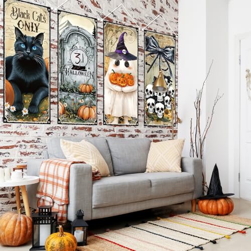 Halloween Hanging Banner 4PCS Black Cat Skull Ghosts Haunted Mansion Decor
