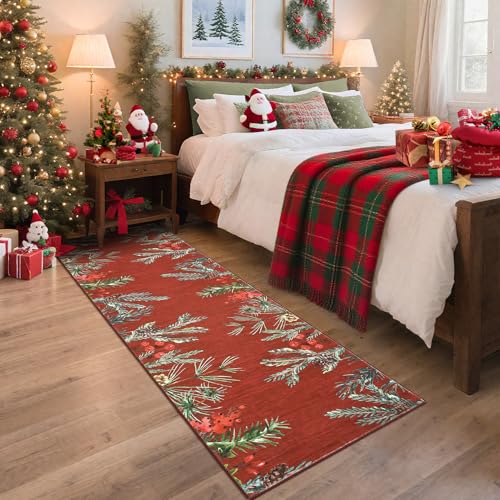 Christmas Entryway Rug 2x10 Botanical Leaf Runner Non-Slip Floor Mat - Pinecone-Red Variation
