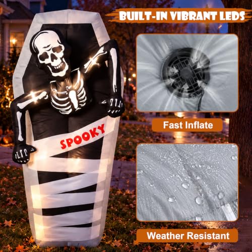7FT Lighted Inflatable Halloween Tombstone with Skeleton and Coffin