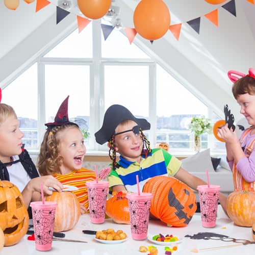 Pink Halloween Spiderweb Plastic Cups Bulk with Lids & Straws - 24 oz, Variation: Spiderweb/Pink