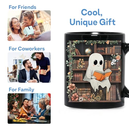 GhostLibr Cute Ghost Reading Mug - Halloween Book Lover Gift, 11oz Black Ceramic Coffee Cup - Variation of THIS listing